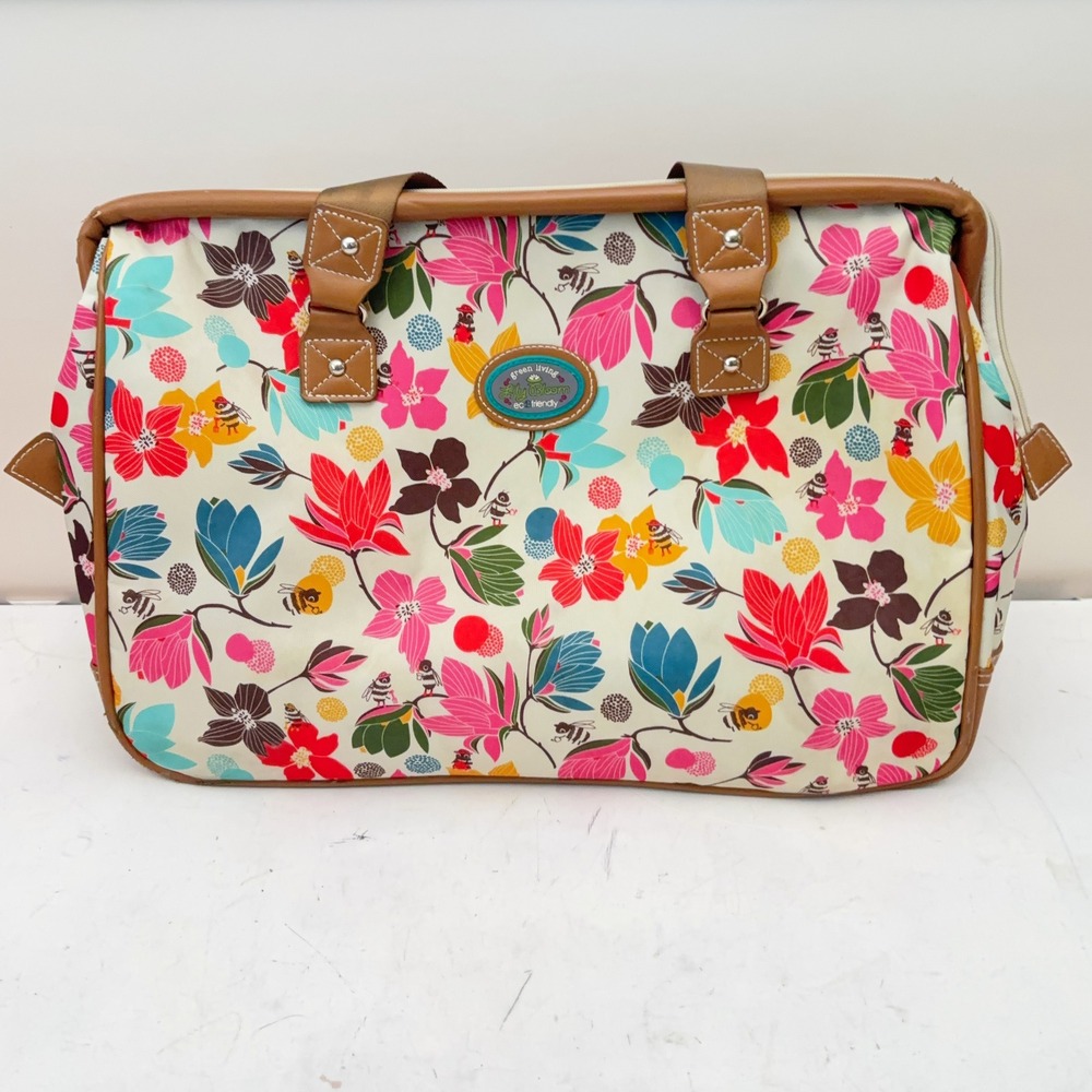 Lily Bloom Canvas Large Travel Bag Cream Floral Bee Eco Friendly Weekend